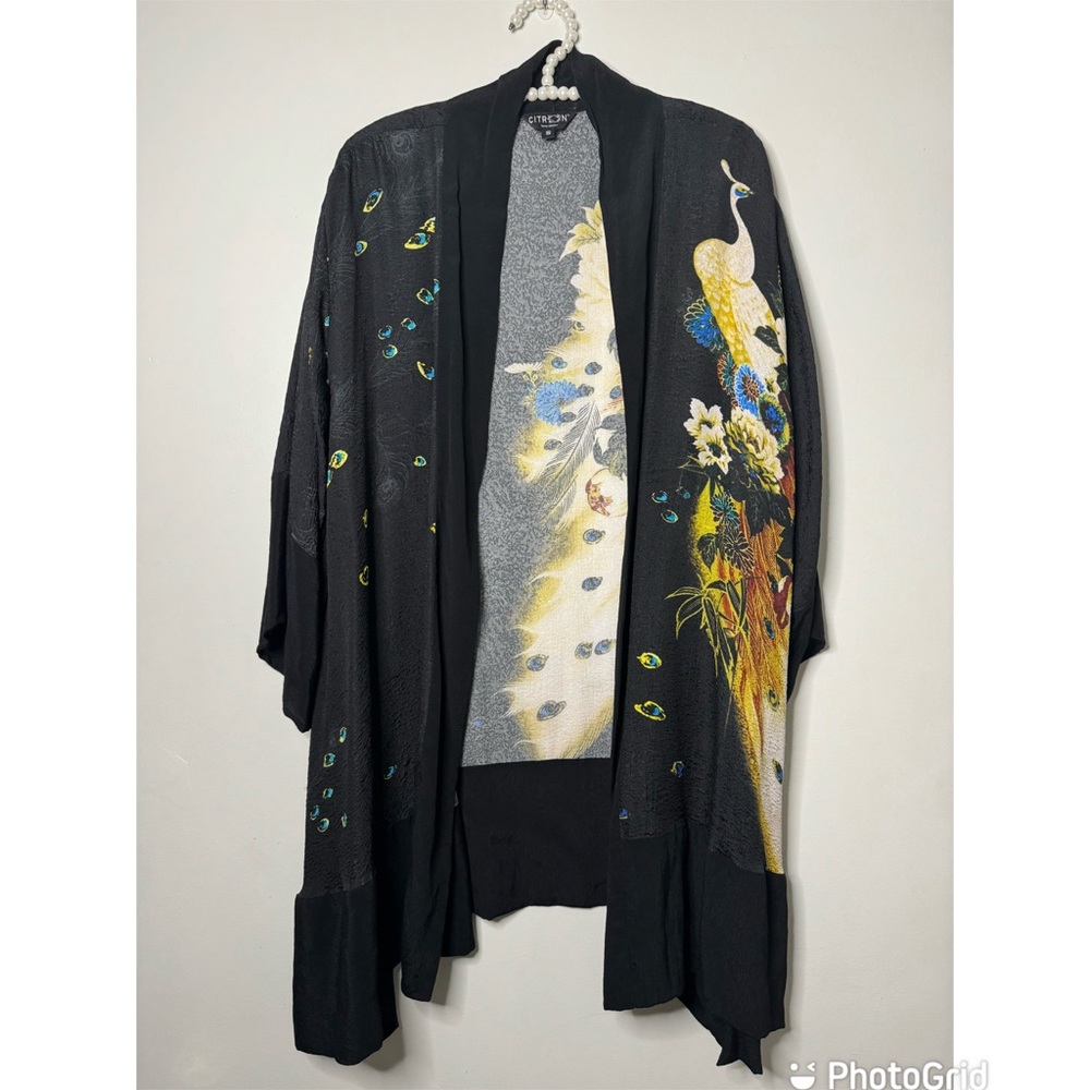 Citron Santa Monica Open Front Peacock Silk Kimono